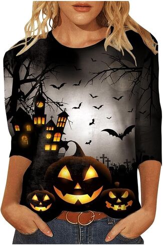 Halloween Shirts for Women Happy Pumpkins Print Graphic Tees Casual Crew Neck 3/4 Sleeve Pullover T-Shirts in Kuwait