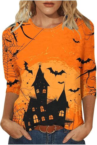 Halloween Shirts for Women Happy Pumpkins Print Graphic Tees Casual Crew Neck 3/4 Sleeve Pullover T-Shirts in Kuwait