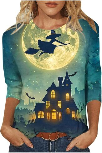 Halloween Shirts for Women Happy Pumpkins Print Graphic Tees Casual Crew Neck 3/4 Sleeve Pullover T-Shirts in Kuwait