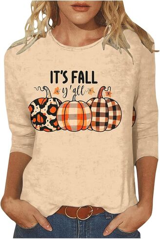Halloween Shirts for Women Happy Pumpkins Print Graphic Tees Casual Crew Neck 3/4 Sleeve Pullover T-Shirts in Kuwait