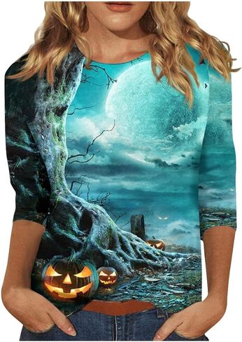 Halloween Shirts for Women Happy Pumpkins Print Graphic Tees Casual Crew Neck 3/4 Sleeve Pullover T-Shirts in Kuwait