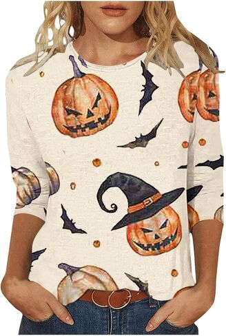 Halloween Shirts for Women Happy Pumpkins Print Graphic Tees Casual Crew Neck 3/4 Sleeve Pullover T-Shirts in Kuwait