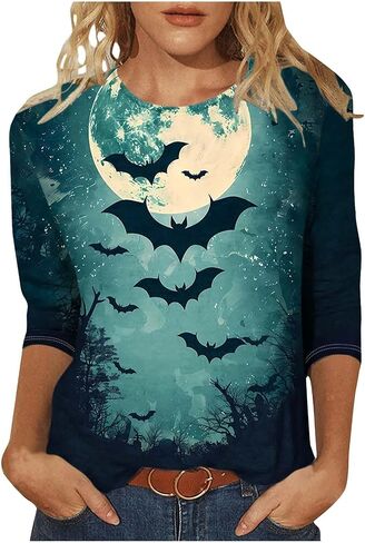 Halloween Shirts for Women Happy Pumpkins Print Graphic Tees Casual Crew Neck 3/4 Sleeve Pullover T-Shirts in Kuwait