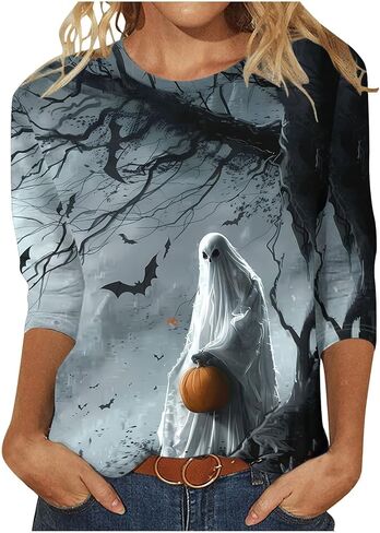 Halloween Shirts for Women Happy Pumpkins Print Graphic Tees Casual Crew Neck 3/4 Sleeve Pullover T-Shirts in Kuwait