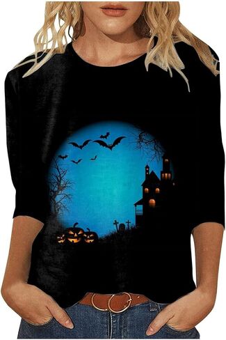 Halloween Shirts for Women Happy Pumpkins Print Graphic Tees Casual Crew Neck 3/4 Sleeve Pullover T-Shirts in Kuwait