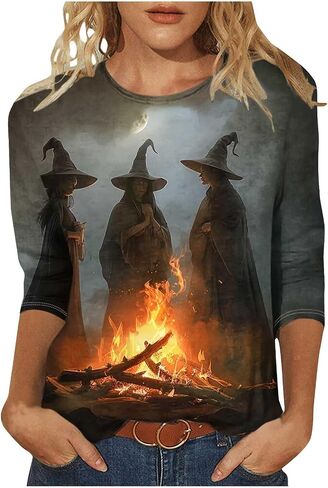 Halloween Shirts for Women Happy Pumpkins Print Graphic Tees Casual Crew Neck 3/4 Sleeve Pullover T-Shirts in Kuwait