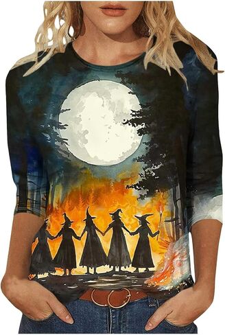 Halloween Shirts for Women Happy Pumpkins Print Graphic Tees Casual Crew Neck 3/4 Sleeve Pullover T-Shirts in Kuwait