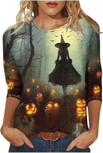 Halloween Shirts for Women Happy Pumpkins Print Graphic Tees Casual Crew Neck 3/4 Sleeve Pullover T-Shirts in Kuwait