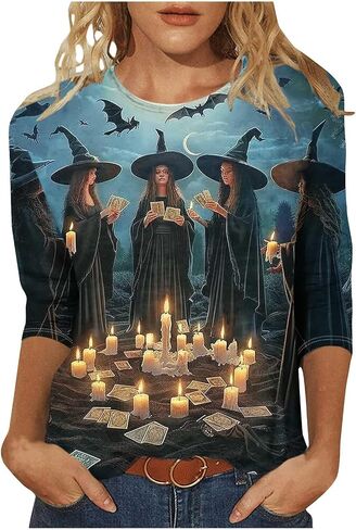 Halloween Shirts for Women Happy Pumpkins Print Graphic Tees Casual Crew Neck 3/4 Sleeve Pullover T-Shirts in Kuwait
