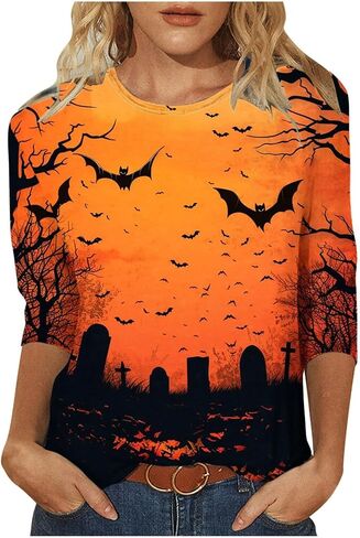 Halloween Shirts for Women Happy Pumpkins Print Graphic Tees Casual Crew Neck 3/4 Sleeve Pullover T-Shirts in Kuwait