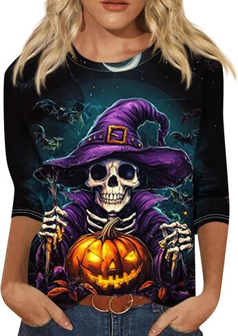 Halloween Shirts for Women Oversized Pumpkins Print Graphic Tees Casual Crew Neck 3/4 Sleeve Pullover Blouses in Kuwait