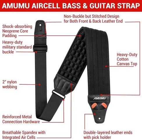 حزام Amumu AIRCELL Bass & Guitar 3.5 بوصة فائق العرض - 0.7 بوصة وسائد خلية هوائية محدبة ثلاثية الأبعاد سميكة قابلة للتنفس - حشوة من النيوبرين - راحة مخصصة - طول قابل للتعديل 48 بوصة - 63 بوصة (طويل) in Kuwait