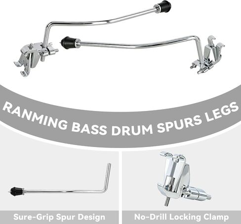 RANMING Bass Drum Spurs Legs بدون حفر أرجل طبلة ركلة قابلة للتعديل مع أقدام مزدوجة الوضع (سبايك وأقدام مطاطية) - مشبك بديل للخدمة الشاقة لأطواق طبلة الجهير مثالية للأداء والممارسة in Kuwait