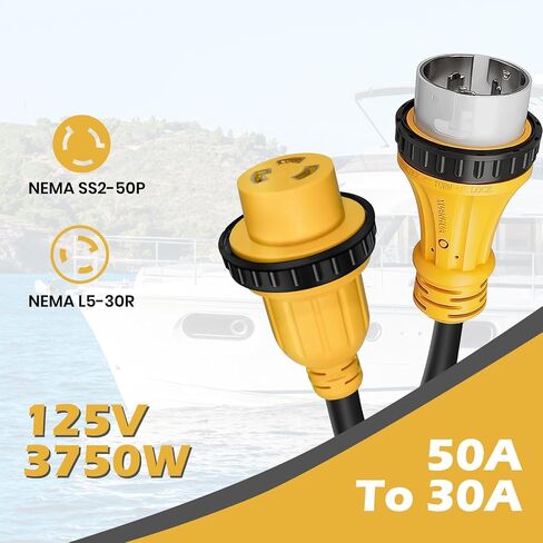 Marine Shore Power Adapter Cable, 50 Amp SS2-50P to 30 Amp L5-30R, 125/250V Male Plug to 125V Twist Lock Female, ETL Listed Boat Shore Power Converter, 10AWG STW, 1.5FT in Kuwait
