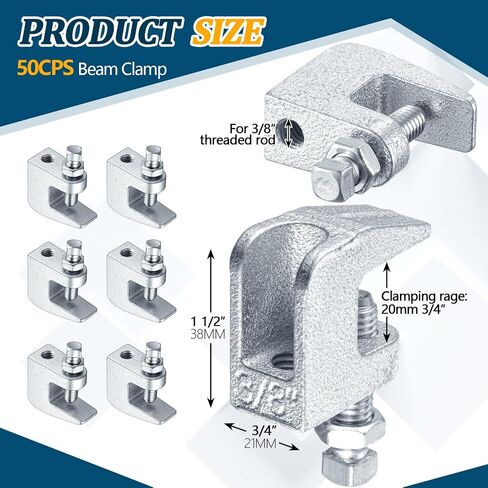 Hicarer 50 Pack Top Beam Clamp 3/8", Iron Safety Rod Clamp, 3/4" Jaw Opening, Wall Ceiling Mount C-Clamp Vertical Piping Support for Copper, Steel, PVC Tubing, Electro Galvanized Steel in Kuwait