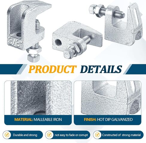 Hicarer 50 Pack Top Beam Clamp 3/8", Iron Safety Rod Clamp, 3/4" Jaw Opening, Wall Ceiling Mount C-Clamp Vertical Piping Support for Copper, Steel, PVC Tubing, Electro Galvanized Steel in Kuwait