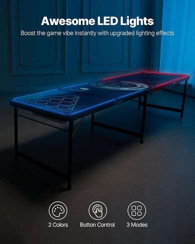 طاولة بونج بيرة محمولة بطول 8 أقدام من VEVOR، مصابيح LED، مكتب بباب خلفي قابل للطي مع مقابض حمل و6 كرات بونج، ارتفاع قابل للتعديل، خفيف الوزن، للمكتب، وحفلات الباب الخلفي، والسفر والتخييم in Kuwait