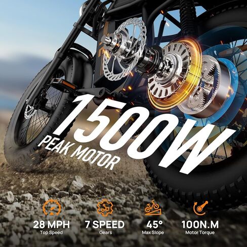 URLIFE Electric Bike for Adults,1500W Peak Electric Dirt Bike, Ebikes for Adults 100 Mile 28MPH Ebike, 48V 15.6Ah 20"x4.0 Fat Tires for All Terrain with Super Bright Headlights in Kuwait