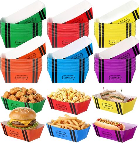 Domensi 120 Pack 2 lb Crayon Paper Snack Trays, Heavy Duty Disposable Food Boats for Fries, Popcorn, Tacos, Back to School Party, Carnival, Picnic, Concession Stand, 6 Colors in Kuwait