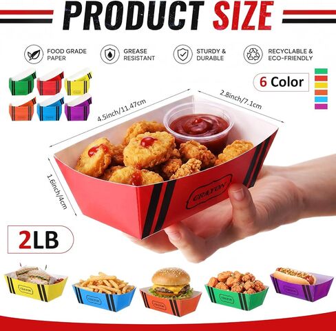 Domensi 120 Pack 2 lb Crayon Paper Snack Trays, Heavy Duty Disposable Food Boats for Fries, Popcorn, Tacos, Back to School Party, Carnival, Picnic, Concession Stand, 6 Colors in Kuwait