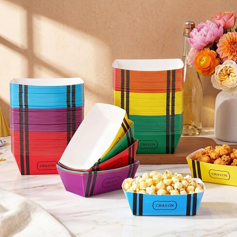 Domensi 120 Pack 2 lb Crayon Paper Snack Trays, Heavy Duty Disposable Food Boats for Fries, Popcorn, Tacos, Back to School Party, Carnival, Picnic, Concession Stand, 6 Colors in Kuwait