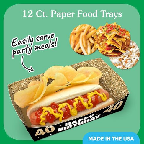 Big Dot of Happiness 40th Birthday Party Paper Food Trays, Disposable Food Boats, Black & Gold Adult Birthday, Picnic, BBQ, Double-Sided Paper Meal Holders for Nachos, Hot Dogs, French Fries - 12 Ct in Kuwait