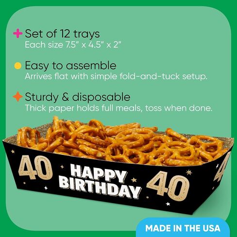 Big Dot of Happiness 40th Birthday Party Paper Food Trays, Disposable Food Boats, Black & Gold Adult Birthday, Picnic, BBQ, Double-Sided Paper Meal Holders for Nachos, Hot Dogs, French Fries - 12 Ct in Kuwait