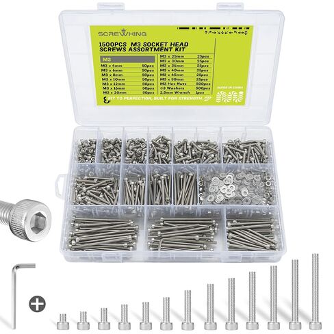 1500PCS M3 Hex Socket Cap Screw Assortment Kit, 304 Stainless Steel Machine Screws with Nuts & Flat Washers, M3 Allen Head Bolts Set (4mm-50mm), Includes Hex Key & Organizer Box in Kuwait