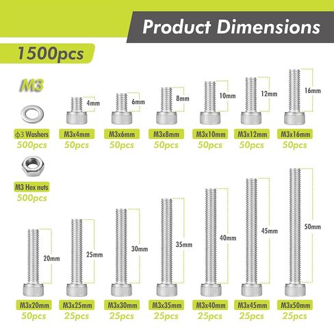 1500PCS M3 Hex Socket Cap Screw Assortment Kit, 304 Stainless Steel Machine Screws with Nuts & Flat Washers, M3 Allen Head Bolts Set (4mm-50mm), Includes Hex Key & Organizer Box in Kuwait