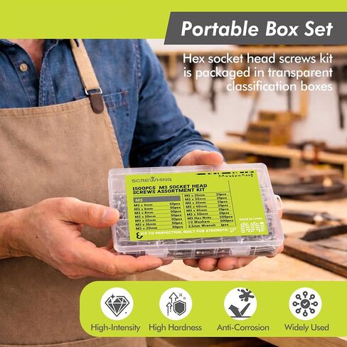 1500PCS M3 Hex Socket Cap Screw Assortment Kit, 304 Stainless Steel Machine Screws with Nuts & Flat Washers, M3 Allen Head Bolts Set (4mm-50mm), Includes Hex Key & Organizer Box in Kuwait