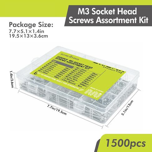 1500PCS M3 Hex Socket Cap Screw Assortment Kit, 304 Stainless Steel Machine Screws with Nuts & Flat Washers, M3 Allen Head Bolts Set (4mm-50mm), Includes Hex Key & Organizer Box in Kuwait