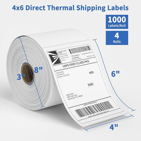 4x6 Shipping Labels in 4 Rolls (1000 Pages per roll with 3" core) 4 x 6 Direct Thermal Shipping Labels with Perforations Designed for Thermal Printer, White. in Kuwait