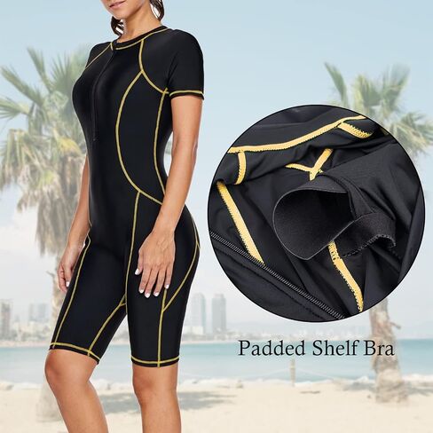 FEOYA Women One Piece Modest Swimsuit Boyshort Short Sleeve Rashguard Contrast Line Snorkel Surf Suit Sport Bathing Suit in Kuwait