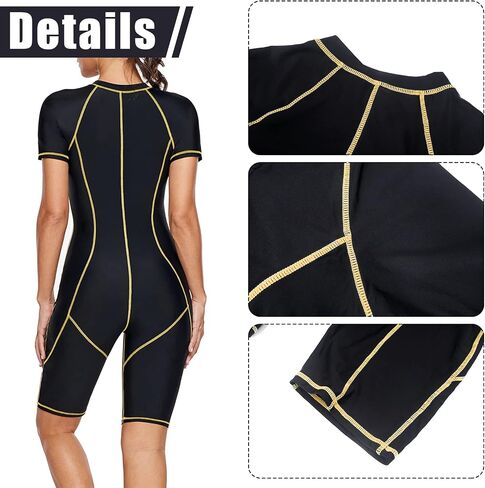FEOYA Women One Piece Modest Swimsuit Boyshort Short Sleeve Rashguard Contrast Line Snorkel Surf Suit Sport Bathing Suit in Kuwait