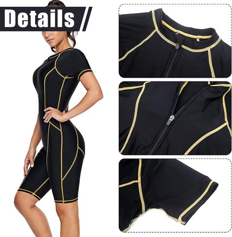 FEOYA Women One Piece Modest Swimsuit Boyshort Short Sleeve Rashguard Contrast Line Snorkel Surf Suit Sport Bathing Suit in Kuwait