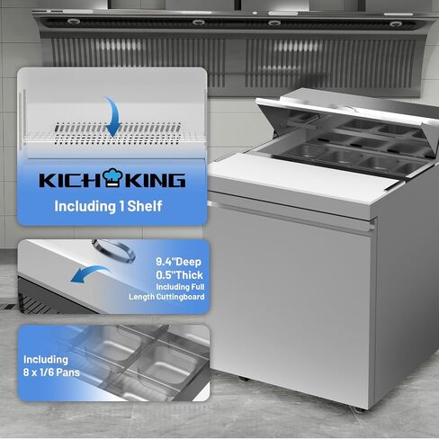 KICHKING 27 "ث ثلاجات تجارية 7 قدم مكعب ساندويتش وطاولة إعداد السلطة الفولاذ المقاوم للصدأ عداد باب واحد مروحة تبريد ثلاجة 8 المقالي لقضبان السلطة، مطعم الخدمة السريعة in Kuwait