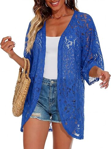 Women's Casual Lace Kimono Cardigan 3 4 Sleeve Sheer Shrug Formal Dress Beach Party Cover Up in Saudi Arabia