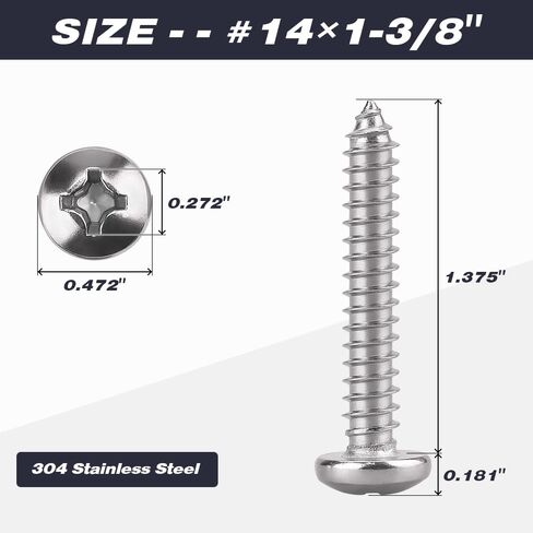 #14 x 1-3/8" Pan Head Phillps Drive Self Tapping Screws, 304 Stainless Steel, Round Head Sheet Metal Tek Screws, 30 PCS in Kuwait