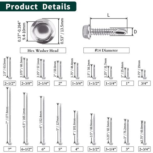EASTLO #14 x 3-1/2" Hex Washer Head Self Drilling Screws, 410 Stainless Steel Sheet Metal TEK Screws, Quick Self Tapping, Hex Bit Included, 30 pcs in Kuwait