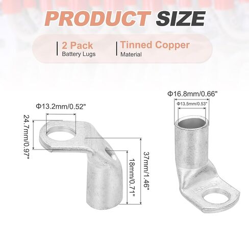 MECCANIXITY 1/2" Copper Wire Lugs, 90 Degree Bent 0.53" Inner Dia. Battery Cable Ends Battery Lugs Ring Terminals Connectors Bare Copper Eyelet for Electrical Supplies (Silver, 2Pcs) in Kuwait