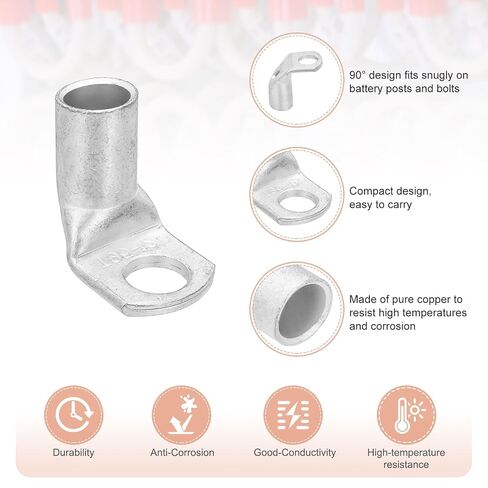 MECCANIXITY 1/2" Copper Wire Lugs, 90 Degree Bent 0.53" Inner Dia. Battery Cable Ends Battery Lugs Ring Terminals Connectors Bare Copper Eyelet for Electrical Supplies (Silver, 2Pcs) in Kuwait