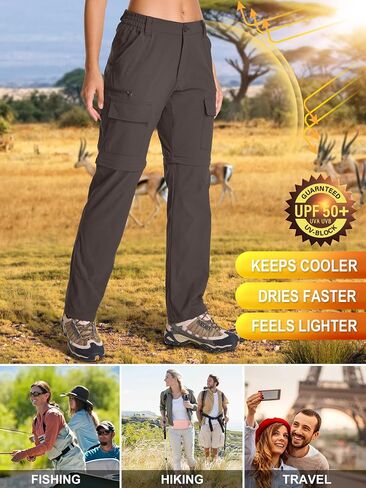 بنطال نسائي للمشي لمسافات طويلة قابل للتحويل سريع الجفاف وخفيف الوزن وسحاب للخارج مع جيوب كارجو، 2195، بني، 10 in Kuwait