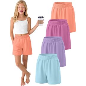 Halfchet 4 Pack Girls Shorts Cotton Athletic Shorts Elastic Waist Summer Casual Sport SweatShorts with Pockets for Kids 5-14Y in Kuwait