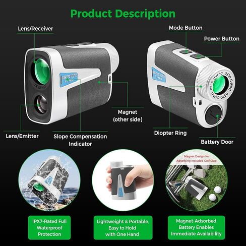 Golf Rangefinder with Slope Switch, 1300 Yards Pro Laser Range Finder for Hunting Golfing, 7X Magnification with Flag Pole Locking Vibration & Magnet Stripe & IPX7 Waterproof & OLED Dual-Color Display in Kuwait