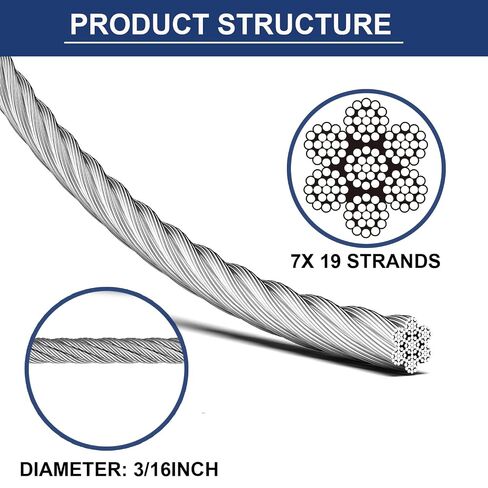 3/16 Stainless Steel Cable 25ft+2 Pack Turnbuckle 5/16 M8 304 Stainless Steel Turnbuckles, 3700lbs Breaking Strength, 7X 19 Strands, Steel Cable with Loops for Zipline, Deck Railing in Kuwait