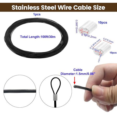 Antrader 1.5mm/0.06" Wire Rope Kit 100ft 304 Stainless Steel Wire with 20pcs Crimp Sleeves, 7x7 Strand Black PVC Coated Core Steel Wire in Kuwait