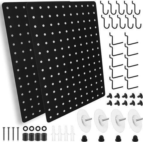 G.CORE Steel Pegboard and Hooks - 22pcs Peg Board Panels Organizer 1/4" Holes 14"x10" with J L Hooks - Kitchen Bathroom Craft Office Garage Tool Display Organization Drill/Adhesive Mounting (Black) in Saudi Arabia