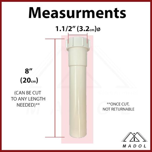 Sink Tailpiece 1-1/2 inch x 8 inch Tube, White Plastic Extension Fitting with Flange nut Connections for Kitchen, Bathroom, Laundry Sinks in Saudi Arabia