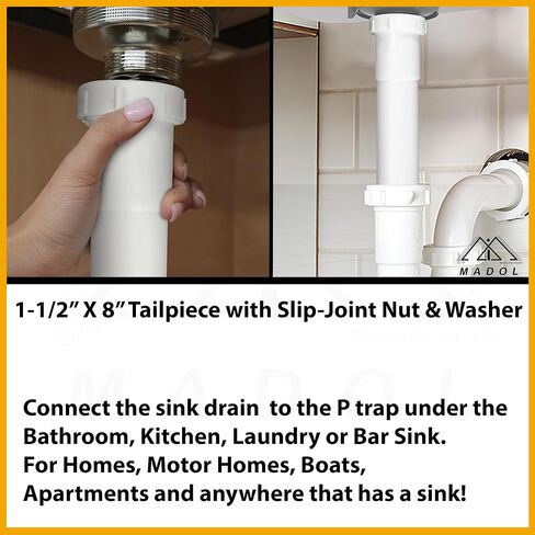 Sink Tailpiece 1-1/2 inch x 8 inch Tube, White Plastic Extension Fitting with Flange nut Connections for Kitchen, Bathroom, Laundry Sinks in Saudi Arabia