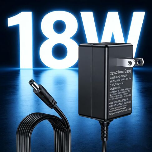 18V 1A AC DC Power Supply Adapter - 18W US Wall Charger with 5.5x2.1mm & 5.5x2.5mm DC Plugs, 6ft Long Cord, Universal Compatibility for 18Volt 0.1A-1A (100mA-1000mA) Devices, Center Positive in Kuwait